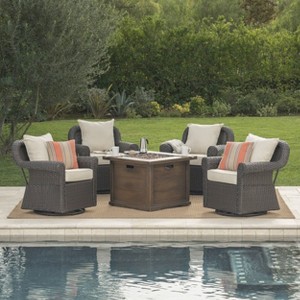 Venti 5pc Wicker Swivel Club Chairs and Fire Pit - Dark Brown/Beige - Christopher Knight Home: Gas Burning, Weather-Resistant Patio Set - 1 of 4