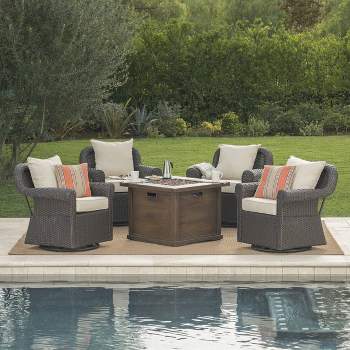 Venti 5pc Wicker Swivel Club Chairs and Fire Pit - Dark Brown/Beige - Christopher Knight Home