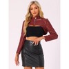 INSPIRE CHIC Women's Faux Leather Cropped Stand Collar Zipper Front Moto Biker Long Sleeve Jacket - 3 of 4