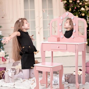 Kids Vanity with 3 Mirrors and Stool, Girls Vanity with Wood Makeup Playset, Princess Vanity Table for Toddlers - 1 of 4
