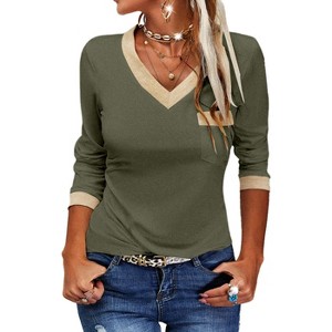 Imily Bela Womens Long Sleeve T Shirts Casual V Neck Color Block Tunic Tops Loose Basic Top - 1 of 4