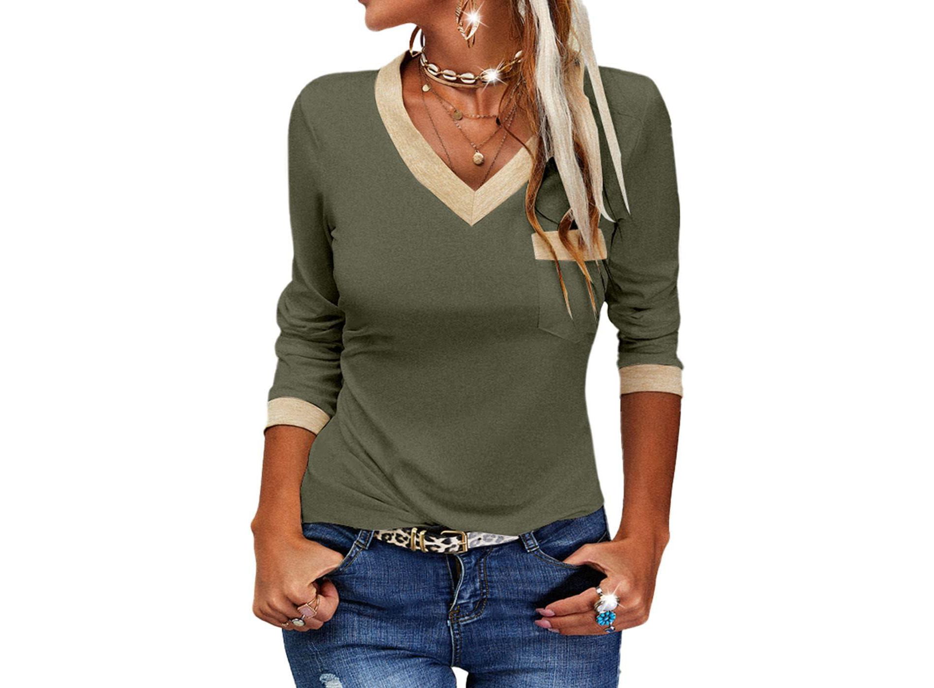 Imily Bela Womens Long Sleeve T Shirts Casual V Neck Color Block Tunic Tops Loose Basic Top