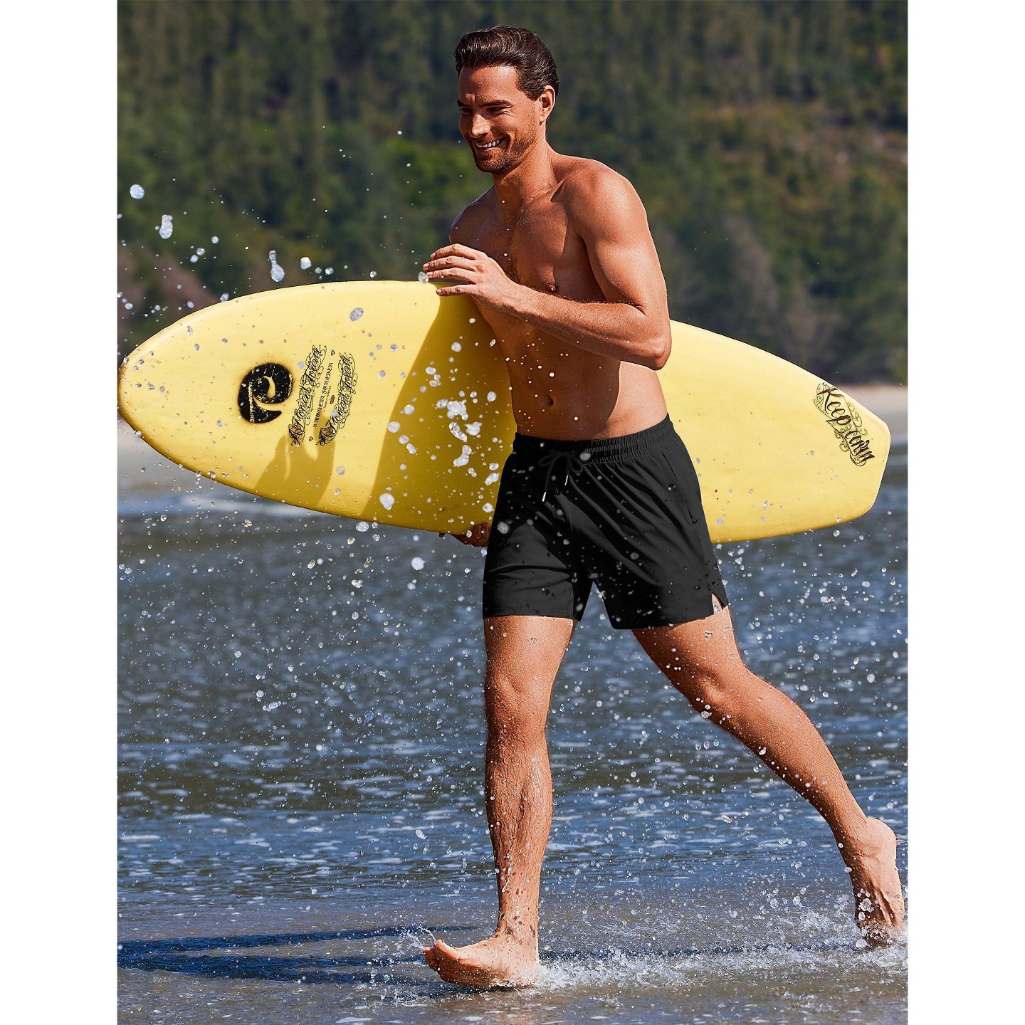 Мужские шорты Ekouaer 2-Pack 5" Swim Trunks with Compression Liner, Quick Dry Board Shorts, Zipper Pocket Black/Plant Leaves XL, цвет: Чёрный — фото 2