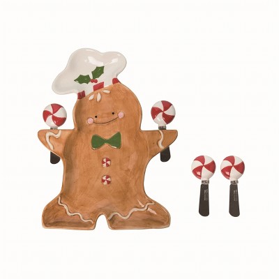 Transpac Ceramic Brown Christmas Gingerbread Platter with Spreaders Set of 3