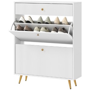 Munora Narrow Shoe Storage Cabinet with Wave-like Panels and Adjustable Shelves for 12 Pairs of Shoes, White - 1 of 4