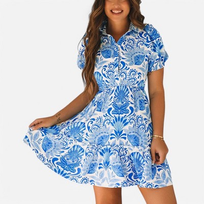 Amaryllis Women's Floral Print Mini Dress Puff Sleeve Button-Front Fit-and-Flare Flowy Summer Dress