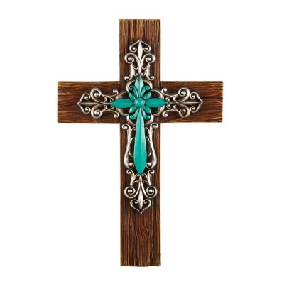 Collections Etc Wood Grain Texture Turquoise Scrolling Silver Wall Cross 8.75 X 1 X 13.25