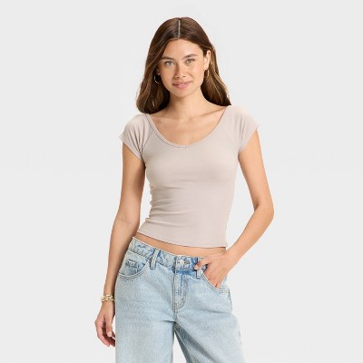 Women's Short Sleeve Double V-Neck Ribbed T-Shirt - Wild Fable™