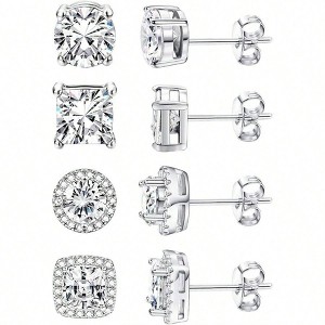 4 Pairs Cubic Zirconia Earrings - 14K Gold Plated Tiny Studs, Square Round Teardrop Heart Halo Designs, Hypoallergenic for Women - 1 of 4