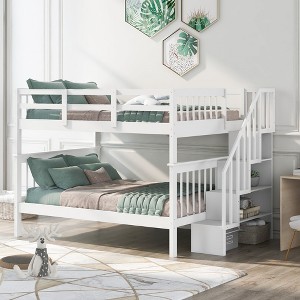 Full Over Full Stairway Bunk Bed with Storage Shelves, Convertible Design, Guard Rails, and Pine Frame - 1 of 4