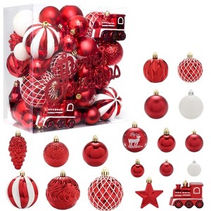 65-Pack Mixed-Size Christmas Ornaments Set, Shatterproof Ball Assortment for Tree Decorating, Holiday Tiered Displays - 1 of 4