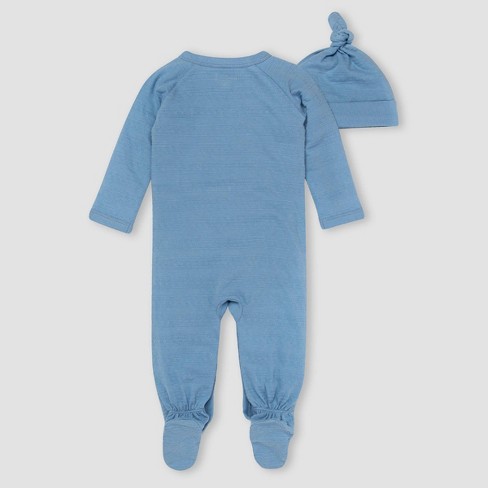 Burt S Bees Baby Baby Boys Dotted Jacquard Striped Jumpsuit Knot Top Hat Set Sky Blue Target
