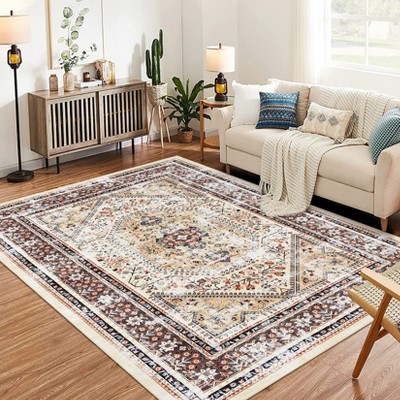 Large Washable Living Room Area Rug, Vintage Floral Soft Ultra-Thin Low Pile Carpet, Non-Slip for Bedroom, Dining Room, Yellow Brown