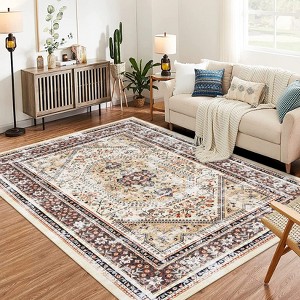 Large Washable Living Room Area Rug, Vintage Floral Soft Ultra-Thin Low Pile Carpet, Non-Slip for Bedroom, Dining Room, Yellow Brown - 1 of 4