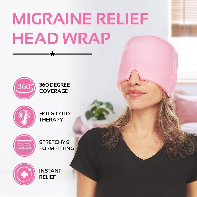 Allsett Health Migraine Relief Cap, One Size Fits All | Hot/Cold Gel Compress, Built in Face and Eye Mask, Hangover, Sinus, and Stress  Relief- Pink, 2 of 7