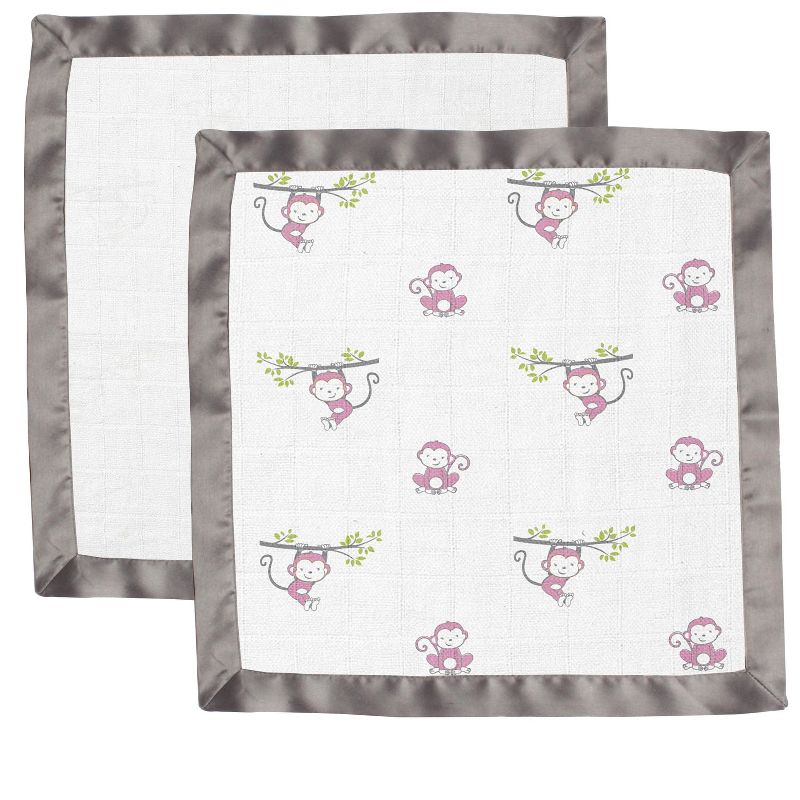 Bacati - Happy Monkeys Pink/Purple Muslin 2 pc Security Blankets, 3 of 10