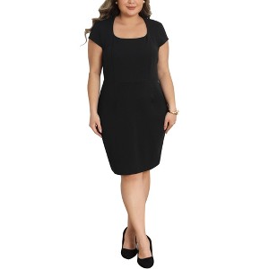 Women's Plus Size Square Neck Short Sleeve Sheath Bodycon Formal Business Office Midi Pencil Dresses - Agnes Orinda - 1 of 4