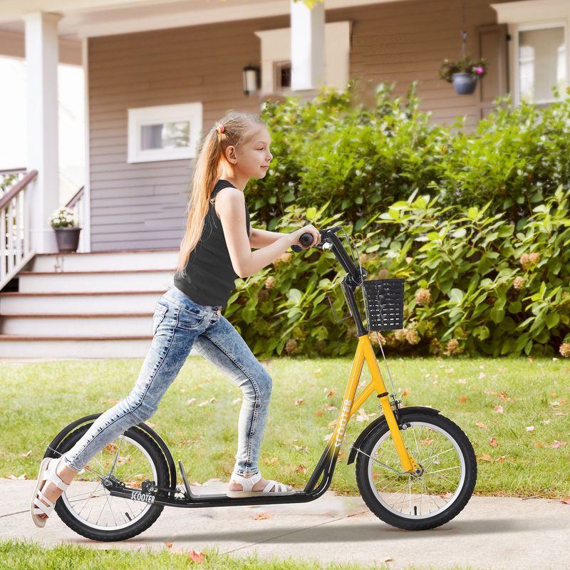 Aosom Youth Scooter, Kick Scooter with Adjustable Handlebars, Double Brakes, 16" Inflatable Rubber Tires, Basket, Cupholder, Mudguard Ages 5-12 years old, 4 of 8