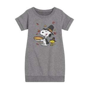 - Peanuts - Thanksgiving Scene Graphic Short Sleeve Fleece Dress - 1 of 4