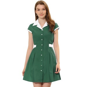 Allegra K Women's Vintage Button Down Flat Collar Belted Office Mini Shirt Dress - 1 of 4