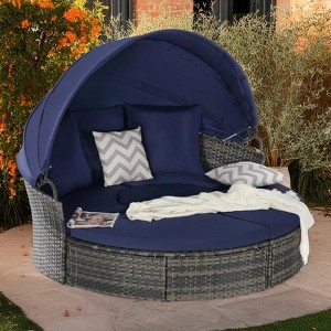 5 Pieces Outdoor Patio Rattan Round Daybed Sunbed with Retractable Canopy and Removable Cushions - 1 of 4