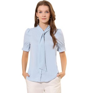 Allegra K Women's Work Office Button Down Puff Sleeve Tie Neck Top Shirt - 1 of 4