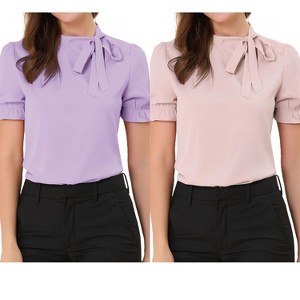 Allegra K Women's Elegant Bow Tie Neck Elastic Cuffs Office Short Sleeve Blouse 2 Pcs - 1 of 4
