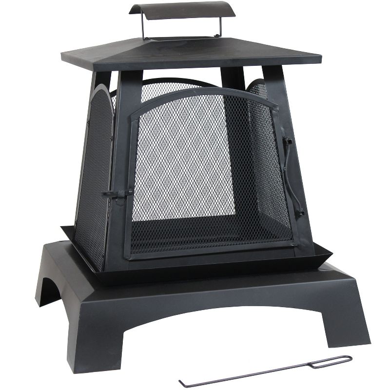 Sunnydaze Outdoor Camping or Backyard Steel Pagoda Style Fire Pit with Log Poker and Wood Grate - 32" - Black, 6 of 12