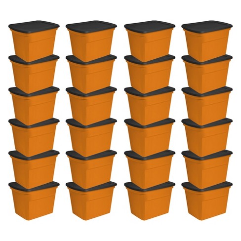 Sterilite 18 Gal Storage Tote, Stackable Bin with Lid, Plastic Container to  Organize Halloween Decorations in Closet, Orange Base and Lid, 24-Pack