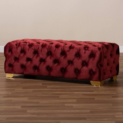 Avara Burgundy Velvet Button Tufted Bench Ottoman with Gold Legs