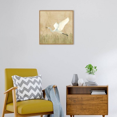 22" x 22" White Egret Alighting Canvas with Maple Frame