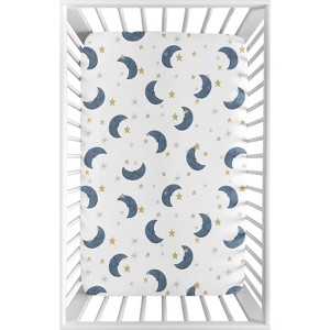 Sweet Jojo Designs Boy or Girl Gender Neutral Unisex Baby Fitted Mini Crib Sheet Bear and Moon Blue Gold and Grey - 1 of 4