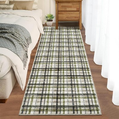 Modern Runner Rug Non-Slip Washable, Low Pile Tartan Plaid Carpet for Kitchen Laundry Bathroom, Stain Resistant Floor Mat for Kids Room