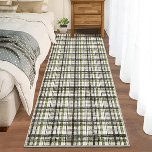 2'x6'Modern Runner Rug Non-Slip Washable, Low Pile Tartan Plaid Carpet for Kitchen Laundry Bathroom, Stain Resistant Floor Mat for Kids Room,Green - 1 of 4