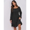 Long Lantern Sleeve Swing Dress with Square Neck & Ruffle Hem, Elastic Waist A-Line Short Dress for Women, Fall Fashion Black - 4 of 4