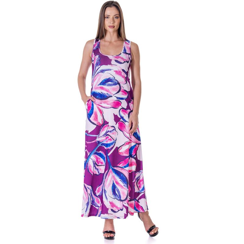24seven Comfort Apparel Womens Casual Purple Floral Scoop Neck Sleeveless Maxi Dress With Pockets, 1 of 9