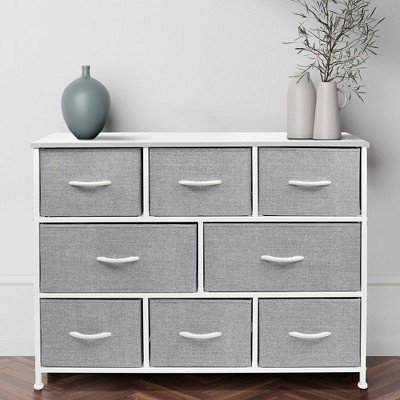 White and Gray 8-Drawer Fabric Dresser with Steel Frame