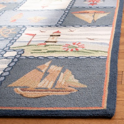 Blue Nautical Hand-Hooked Wool Area Rug, 3'9" x 5'9"