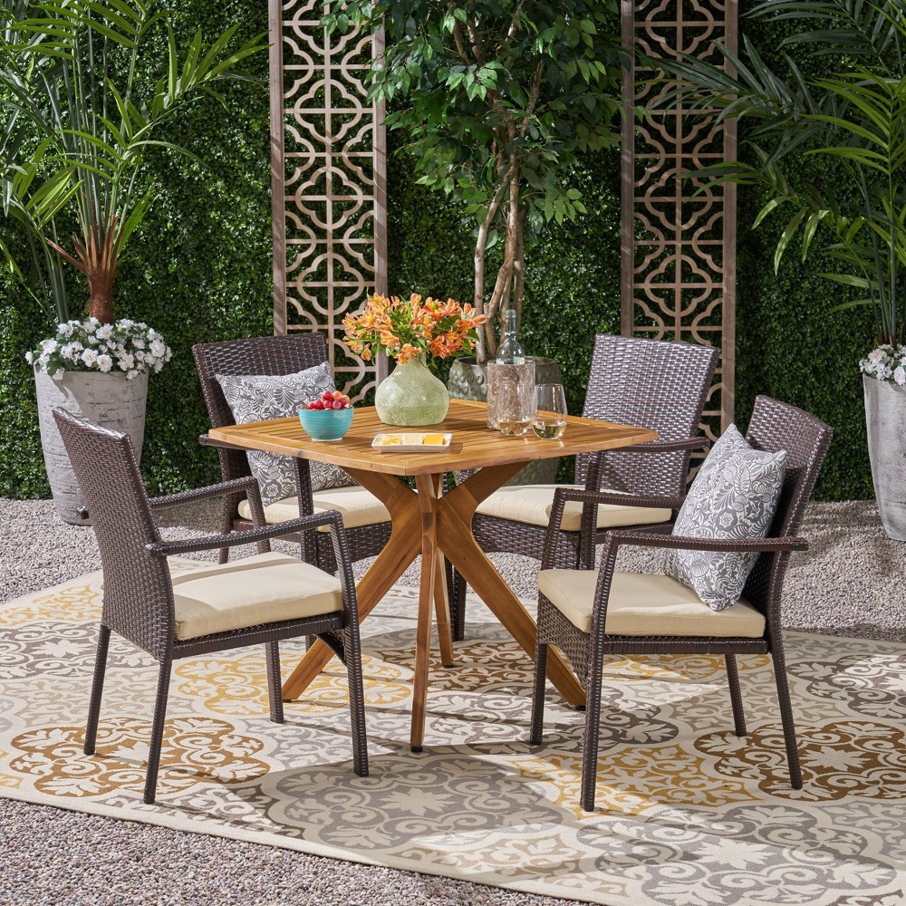 Photos - Dining Table 5pc Didicas Wood Wicker Patio Dining Set Teak - Christopher Knight Home