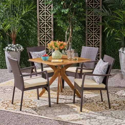 5pc Didicas Wood Wicker Patio Dining, Wood And Wicker Outdoor Dining Chairs