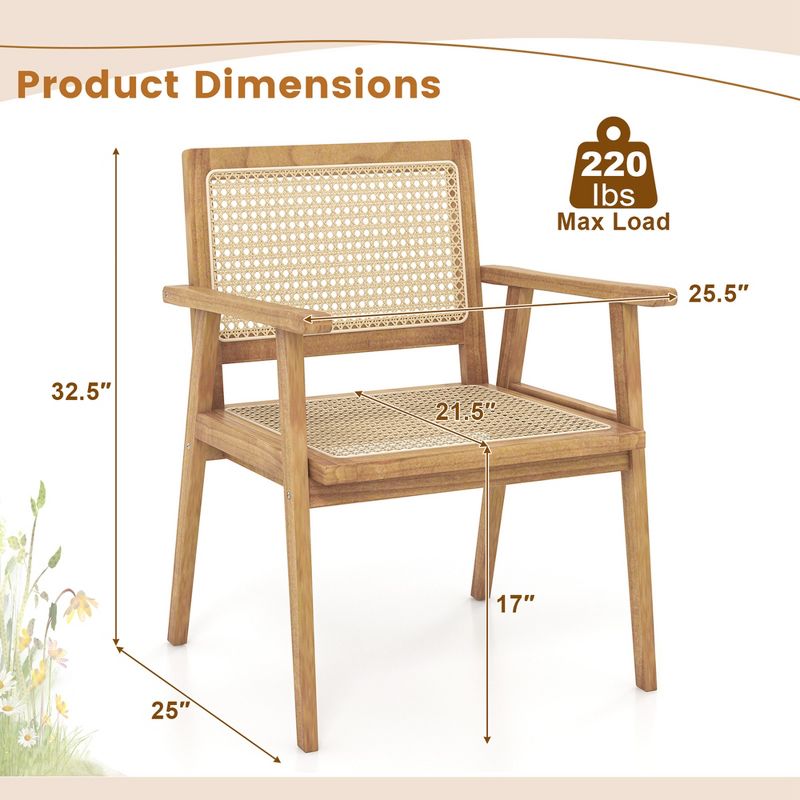 Costway 1/2 PCS Wood Chair Indonesia Teak Wood Armchair with Natural Rattan Seat & Back Patio Chair for Porch, 3 of 9