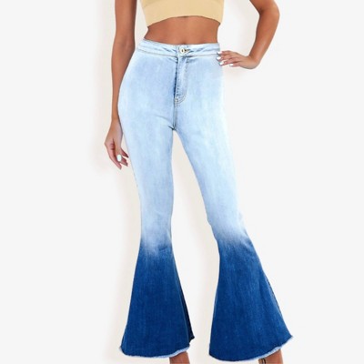 Anna-Kaci Classic Retro High Waist Long Denim Frayed Hem Bell Bottom Jeans