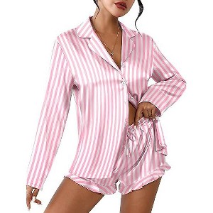 Ekouaer Womens Satin Pajama Sets Long Sleeve Top and Shorts Lounge Set Button Down Sleepwear - 1 of 4