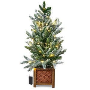 24 Inches Christmas Decoration Mini Christmas Tree Modern in Wood Base, Snow Flocked Branches Minimalist Artificial Tabletop Decor - 1 of 4