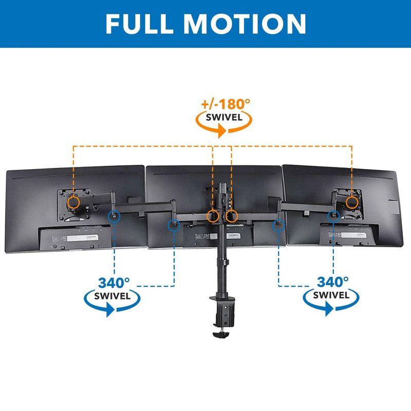 Mount-It! Full Motion Triple Monitor Mount 3 Screen Desk Stand for LCD Computer Monitors for 19 - 27 Inch Monitors, 54 Lbs. Weight Capacity, Black, 5 of 10