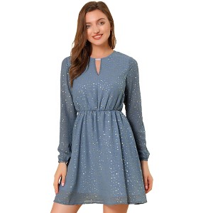 INSPIRE CHIC Women's Choker V Neck Vintage Flared Gilding Metallic Shiny Star A-Line Dress - 1 of 4