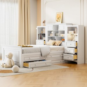 Twin Platform Bed with Storage Drawers, Solid Wood Frame and All-in-One Headboard Cabinet, Space-Saving Design - Baofuwish - 1 of 4