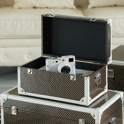 Black Faux Leather and Metal Storage Trunk Set of 3