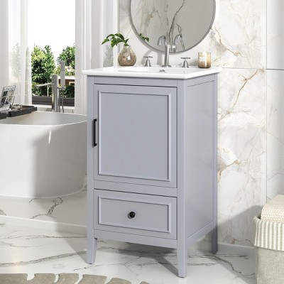 20" Bathroom Vanity With Sink, Bathroom Cabinet With A Door And A Drawer, Door Shelf Storage And Adiustable Foot Pads-Cuddlewood