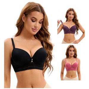 INSPIRE CHIC 3 Pcs Women's Lace Trim Underwire Adjustable Straps Plus Cup Size Push Up Bras - 1 of 4